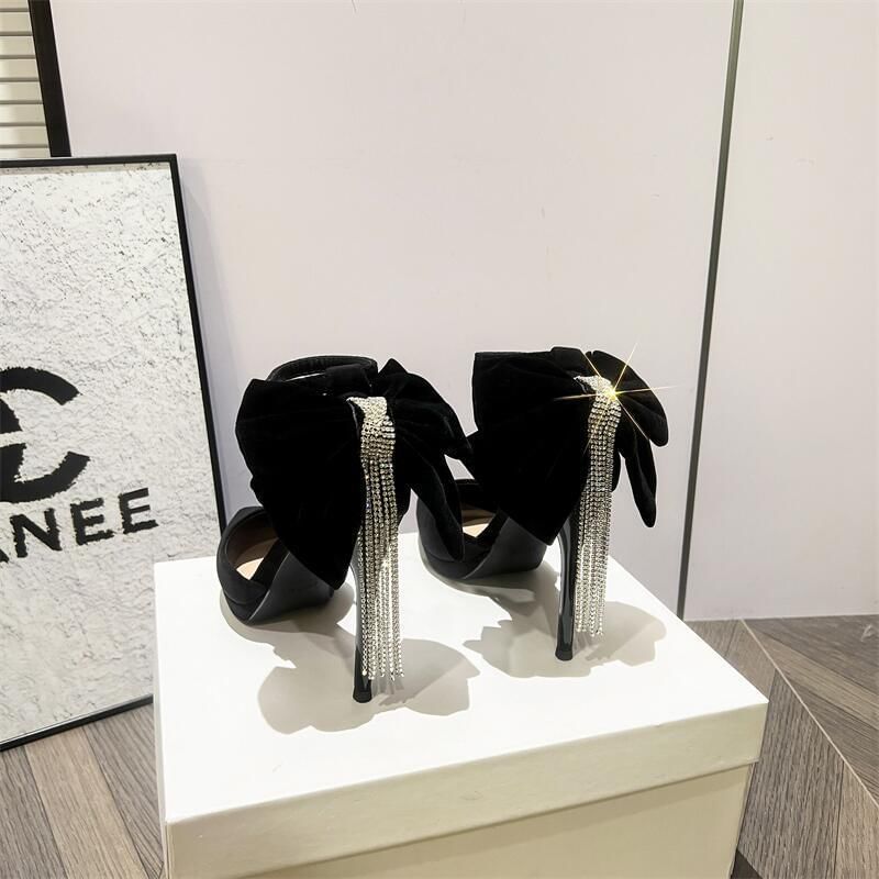 Rhinestone Ankle Platform Strap Fringe Bow Pointed Velvet Toe