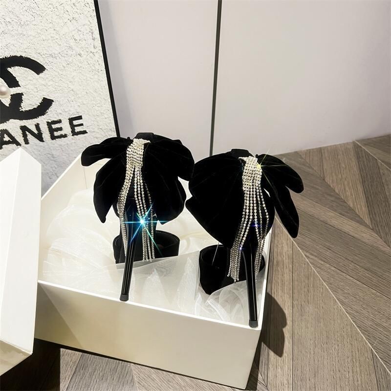 Rhinestone Ankle Platform Strap Fringe Bow Pointed Velvet Toe
