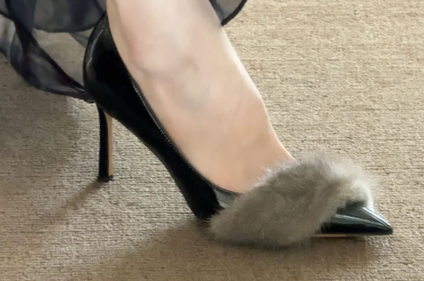 Panel Faux Patent Pointed Pumps Toe Leather Fur Stiletto