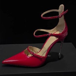 Patent Pumps Ankle Pointed Stiletto Strap Toe Leather