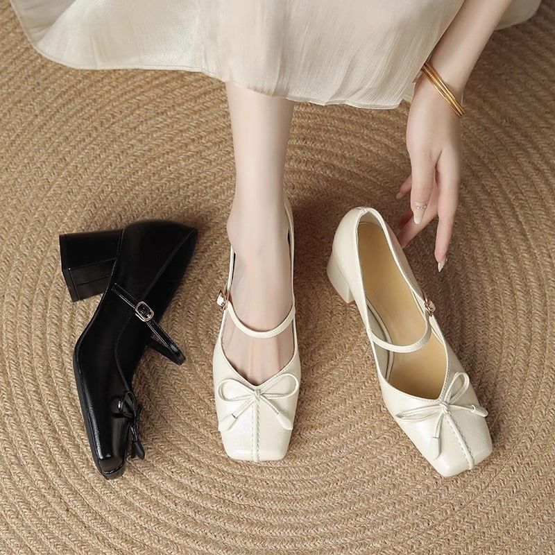 Block Toe Heel Jane Bow Mary Pumps Square