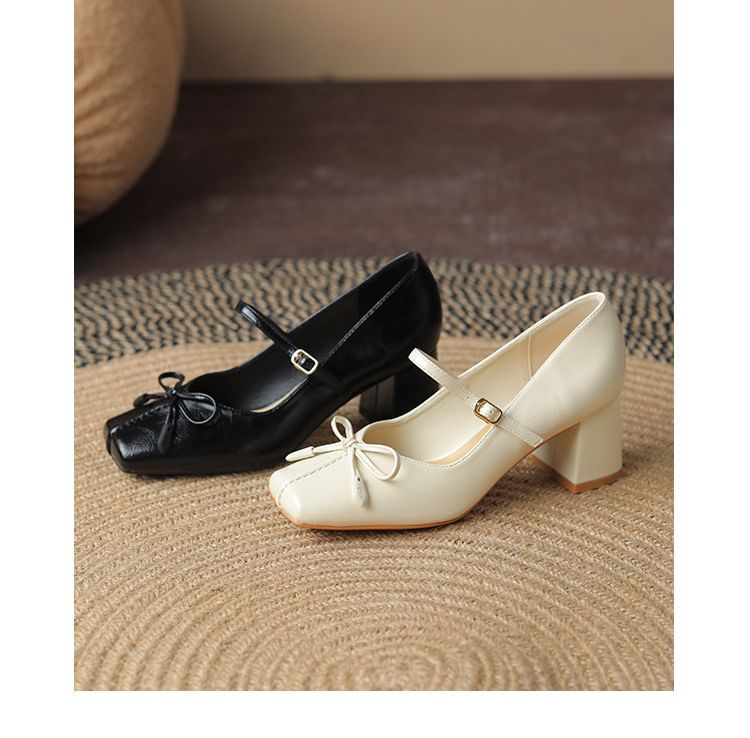 Block Toe Heel Jane Bow Mary Pumps Square