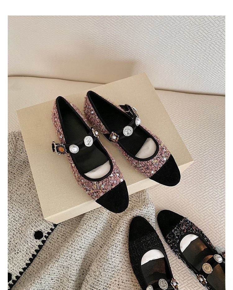 Jane Flats Pearl Faux Tweed Cap Mary Toe