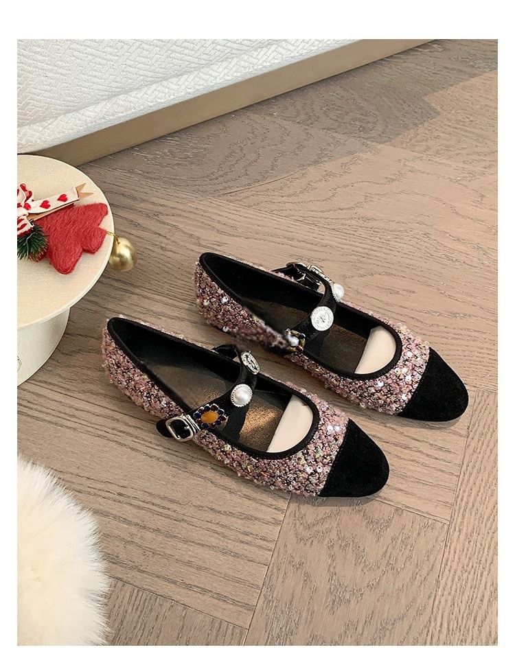 Jane Flats Pearl Faux Tweed Cap Mary Toe