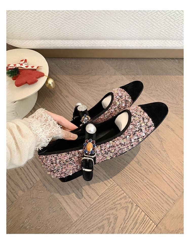 Jane Flats Pearl Faux Tweed Cap Mary Toe