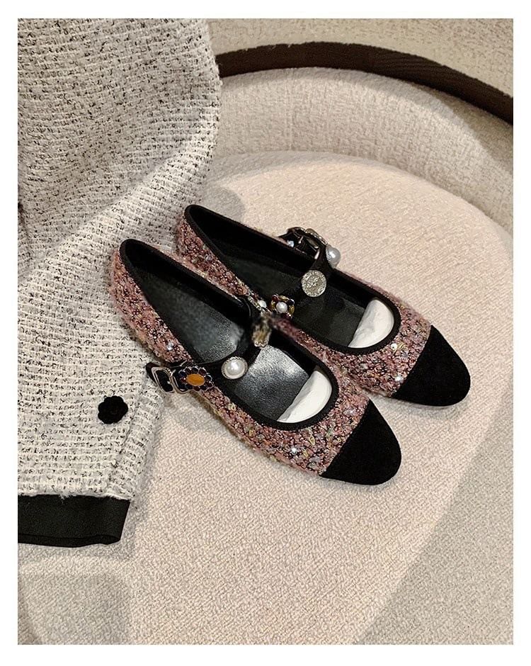 Jane Flats Pearl Faux Tweed Cap Mary Toe