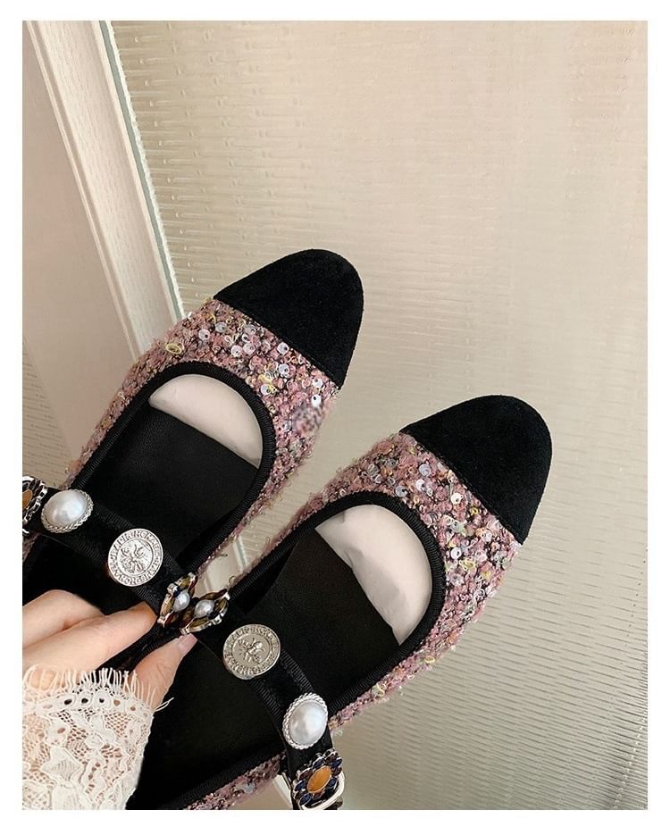 Jane Flats Pearl Faux Tweed Cap Mary Toe