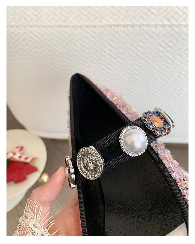 Jane Flats Pearl Faux Tweed Cap Mary Toe