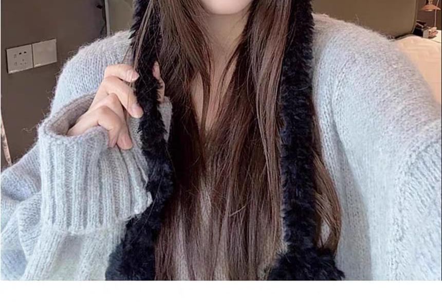 Cat Fluffy Ear Bow Knit Beanie