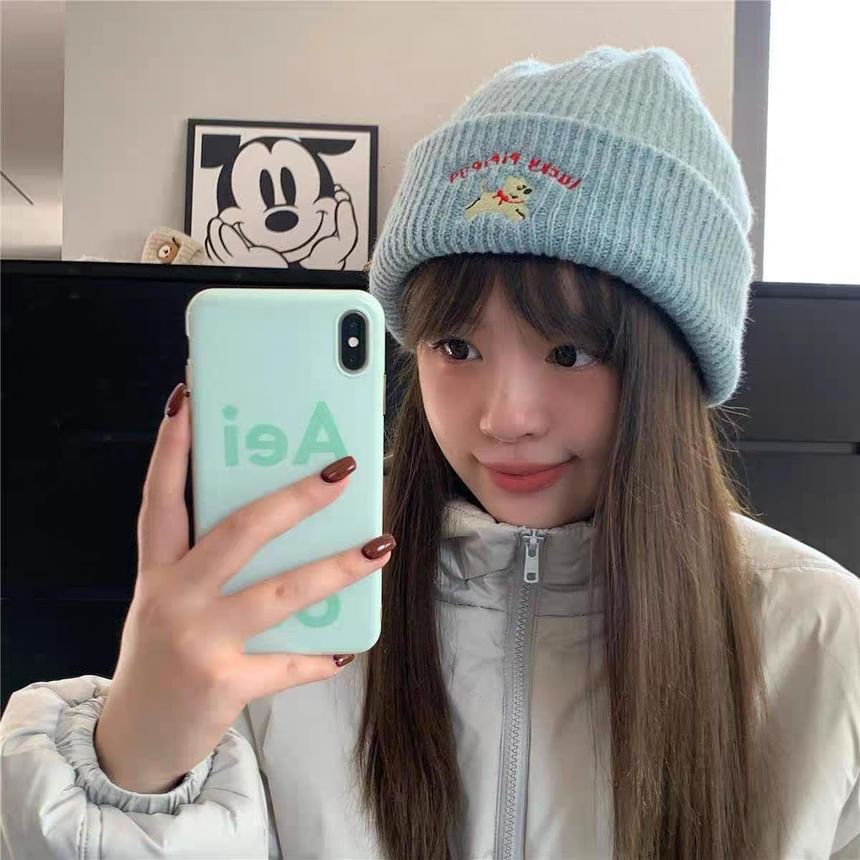 Knit Dog Beanie Embroidered