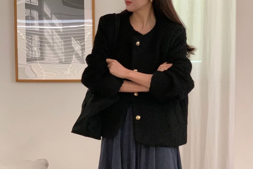 Plain Button-Up Tweed Jacket