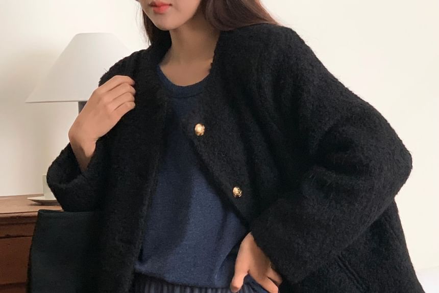 Plain Button-Up Tweed Jacket