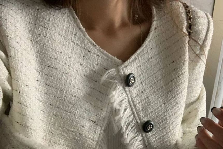 Round Neck Fringed Tweed Crop Button Jacket