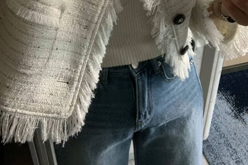 Round Neck Fringed Tweed Crop Button Jacket