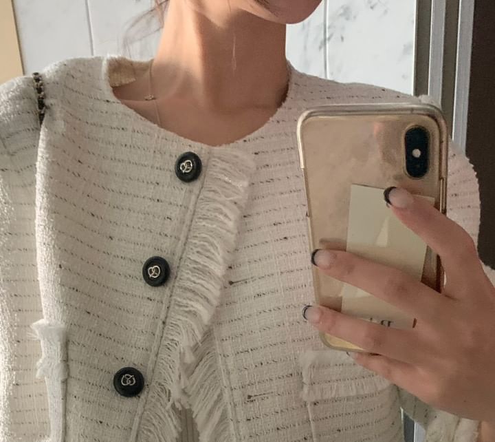 Round Neck Fringed Tweed Crop Button Jacket