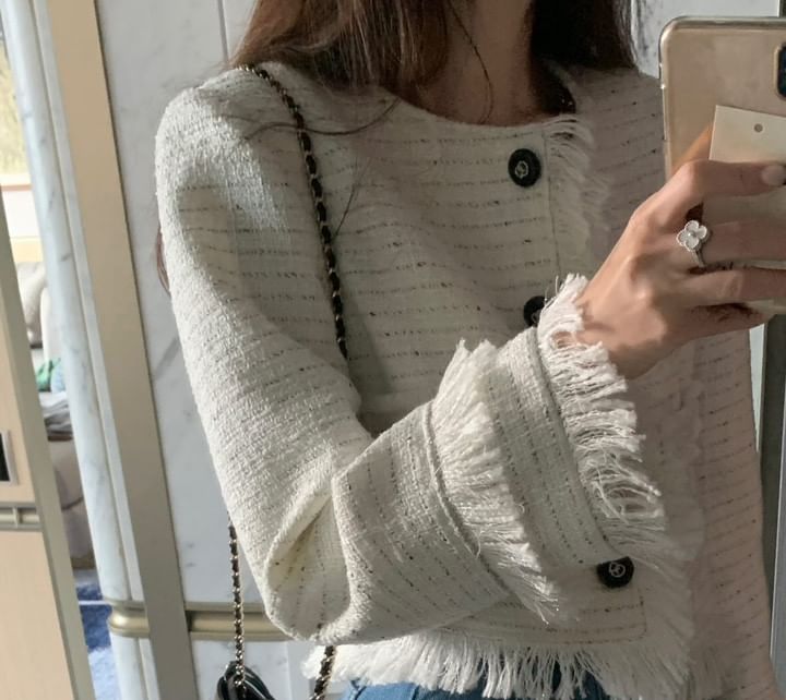 Round Neck Fringed Tweed Crop Button Jacket
