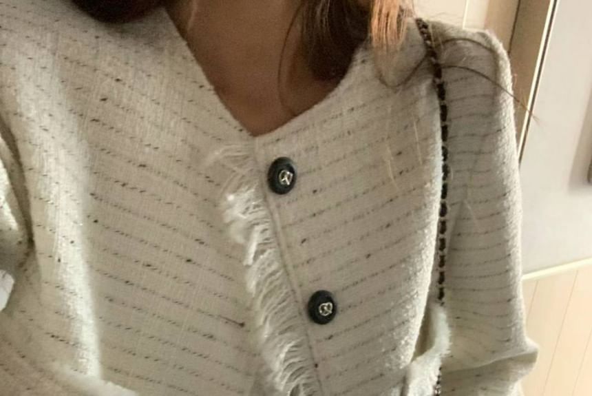 Round Neck Fringed Tweed Crop Button Jacket