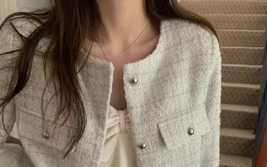 Round Neck Plaid Tweed Button Jacket