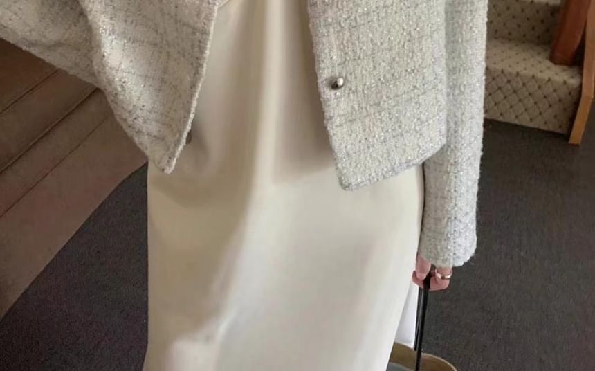 Round Neck Plaid Tweed Button Jacket