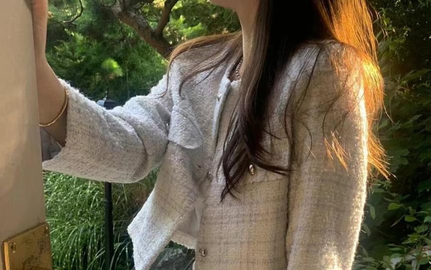 Round Neck Plaid Tweed Button Jacket