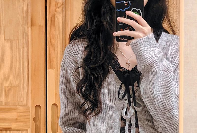 Lace Up V-Neck Plain Cardigan