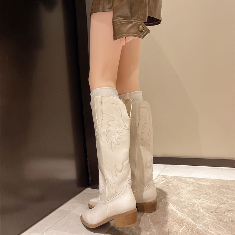 Heel Chunky Boots Faux Leather Cowboy