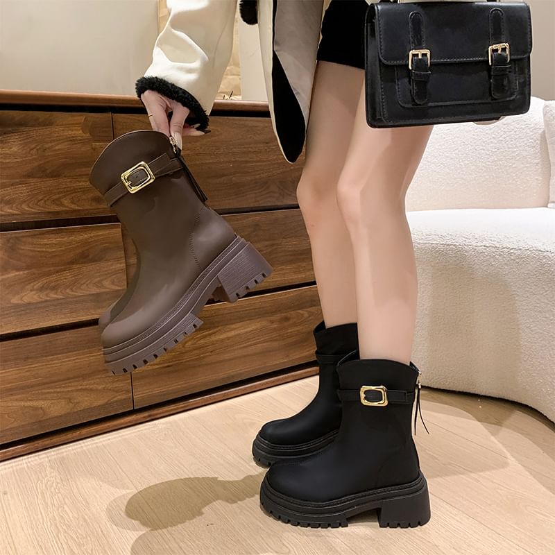Chunky Buckled Heel Boots Short