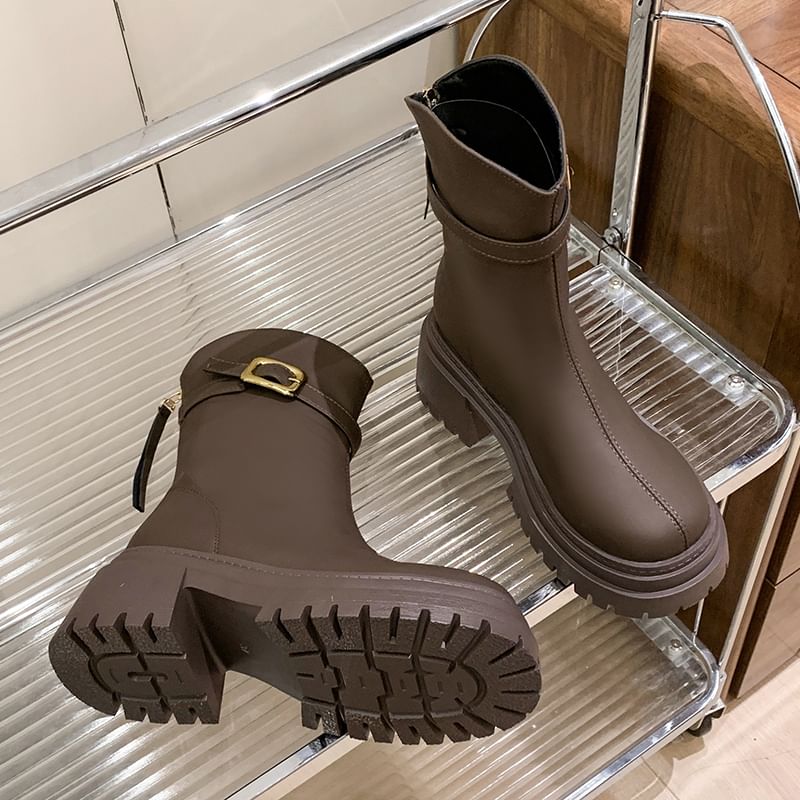 Chunky Buckled Heel Boots Short