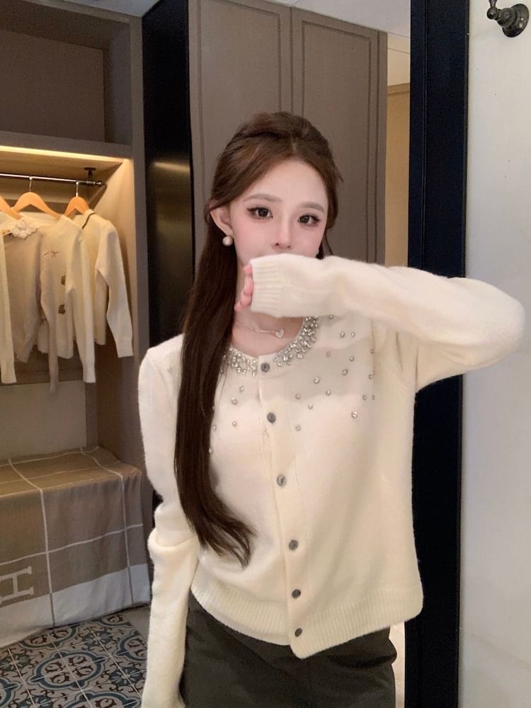 Rhinestone Embellished Button Up Cardigan