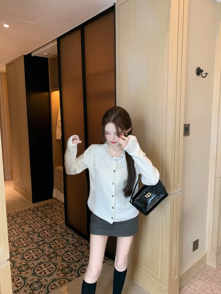 Rhinestone Embellished Button Up Cardigan