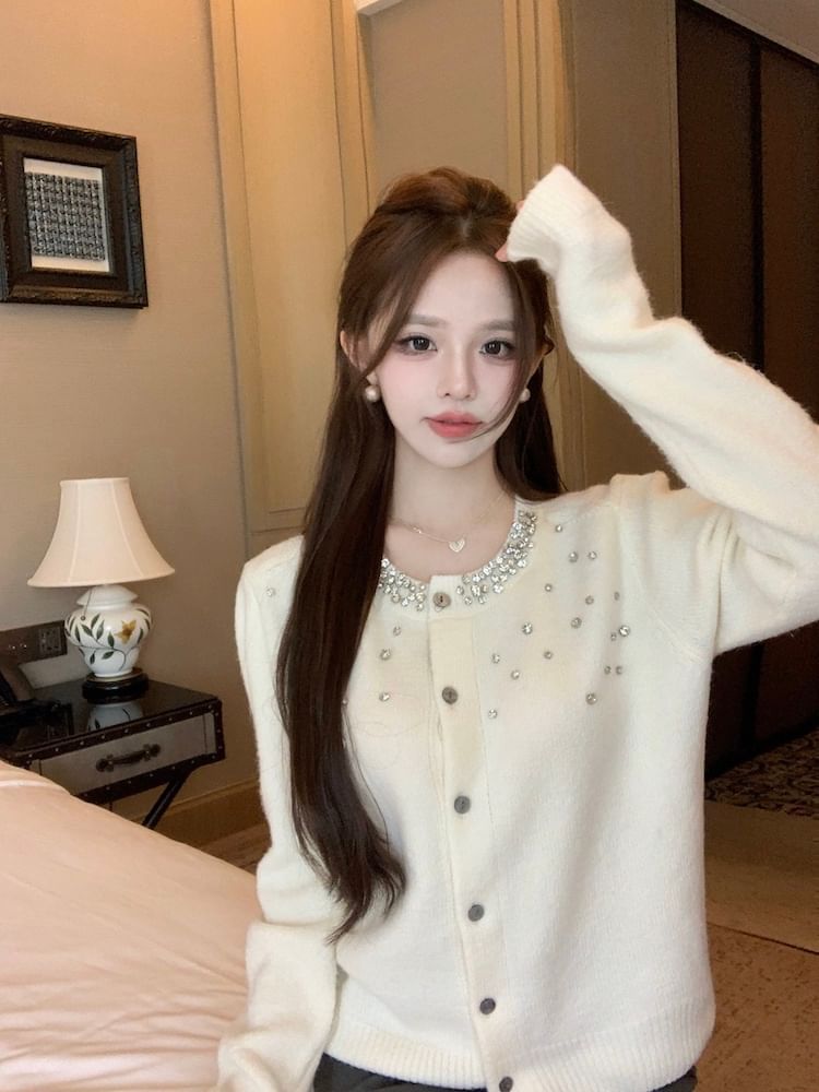 Rhinestone Embellished Button Up Cardigan