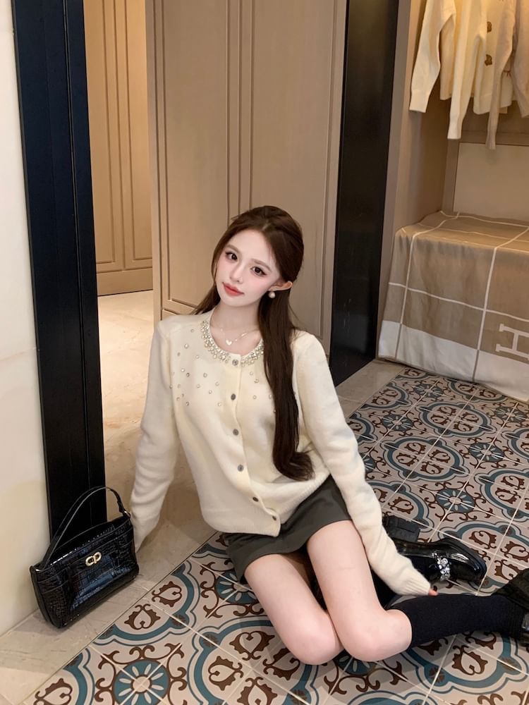 Rhinestone Embellished Button Up Cardigan