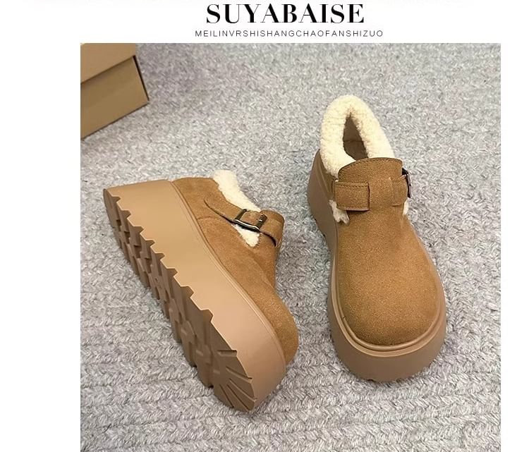 Buckled Fleece-Lined Platform Ankle Snow Boots