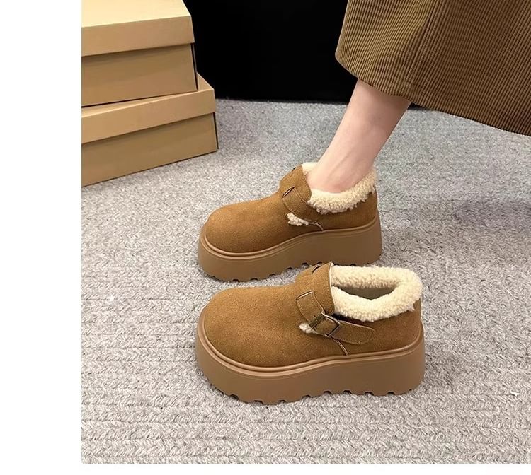 Buckled Fleece-Lined Platform Ankle Snow Boots