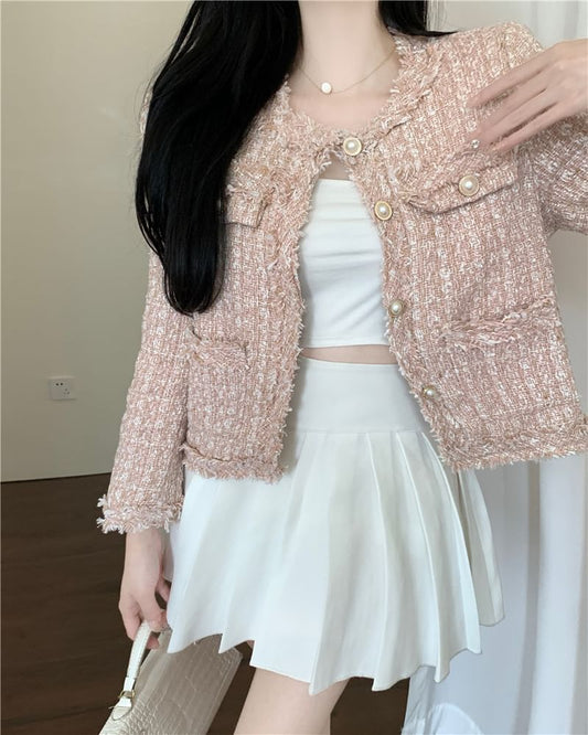 V-Neck Tweed Button-Up Jacket