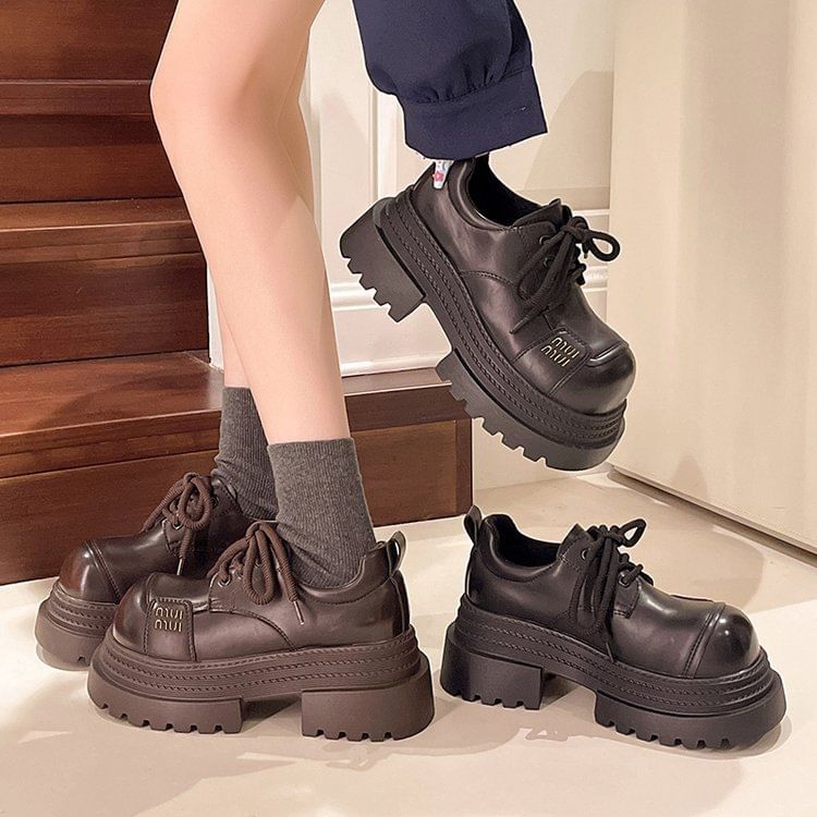 Platform Shoes Lace-Up Leather Plain Faux