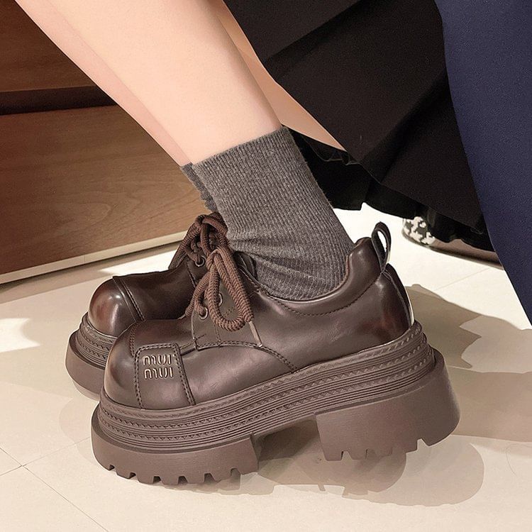 Platform Shoes Lace-Up Leather Plain Faux