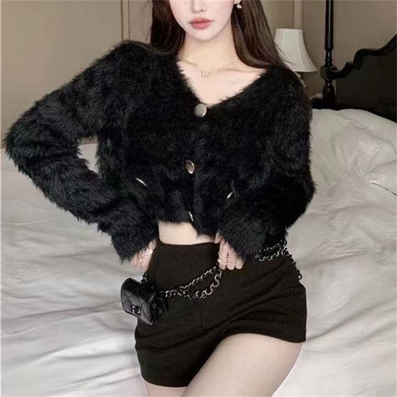 Fluffy V-Neck Button Up Cropped Cardigan