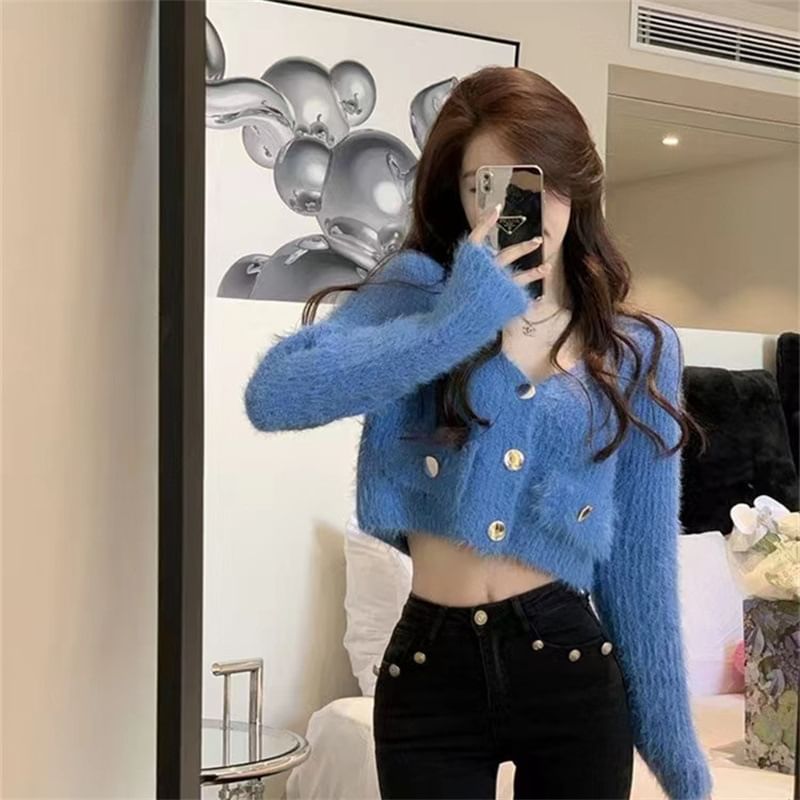 Fluffy V-Neck Button Up Cropped Cardigan