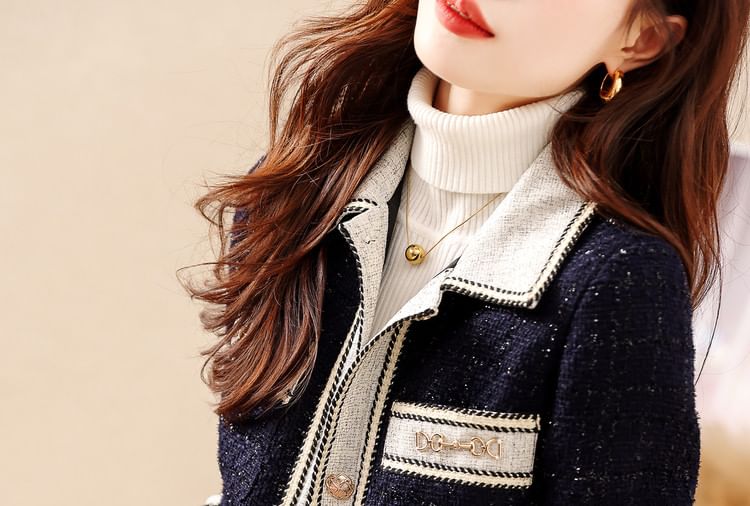 Collared Two Tone Tweed Button Jacket