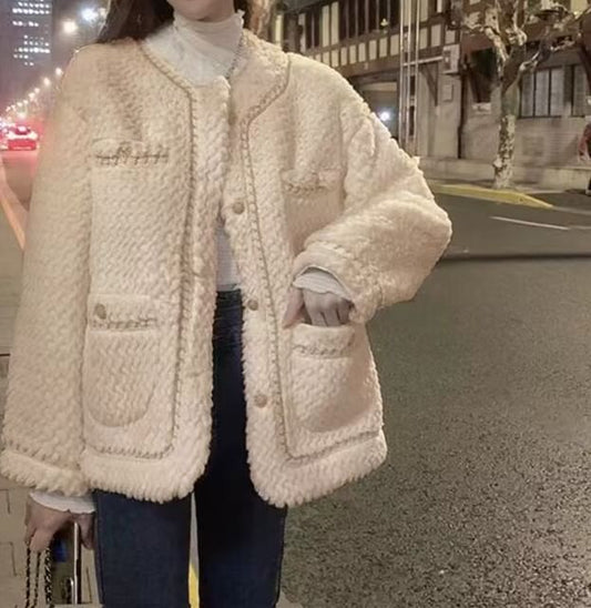 Round Neck Plain Contrast Trim Tweed Button Jacket