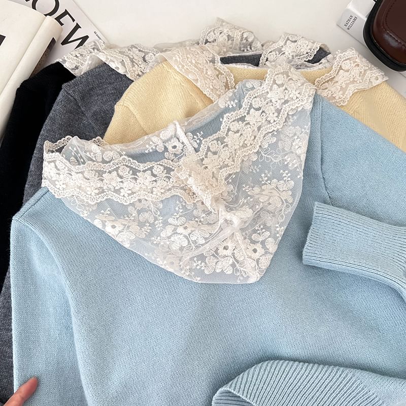 Cropped V-Neck Lace Trim Cardigan