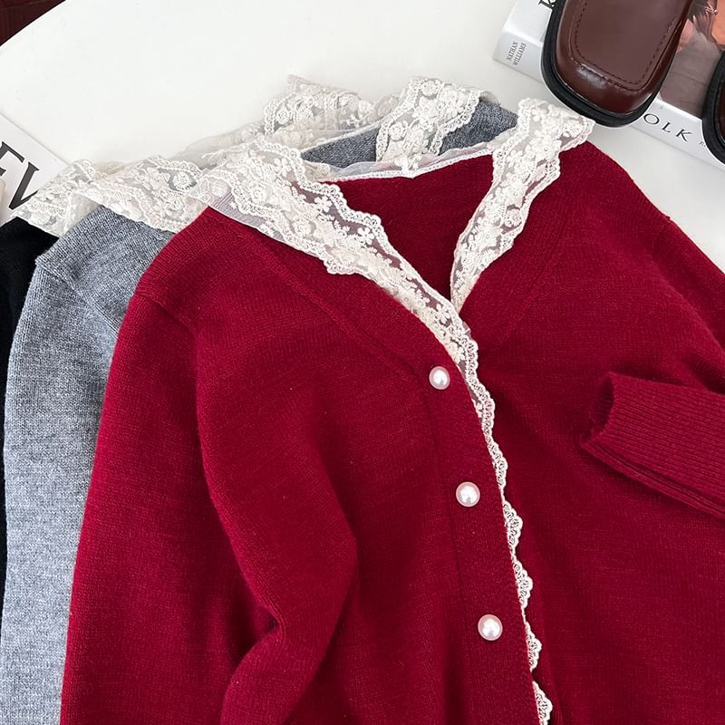 Cropped V-Neck Lace Trim Cardigan