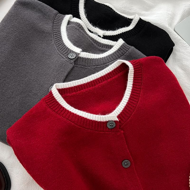 Contrast Trim Button Cardigan Set with High-Waisted Mini A-Line Skirt