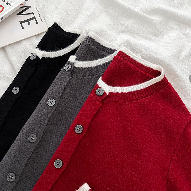 Contrast Trim Button Cardigan Set with High-Waisted Mini A-Line Skirt