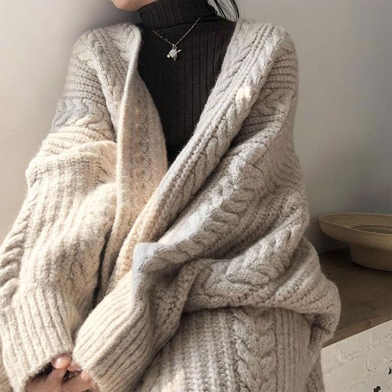 Oversized Open Front Cable Knit Long Cardigan