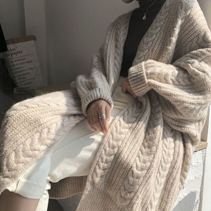 Oversized Open Front Cable Knit Long Cardigan