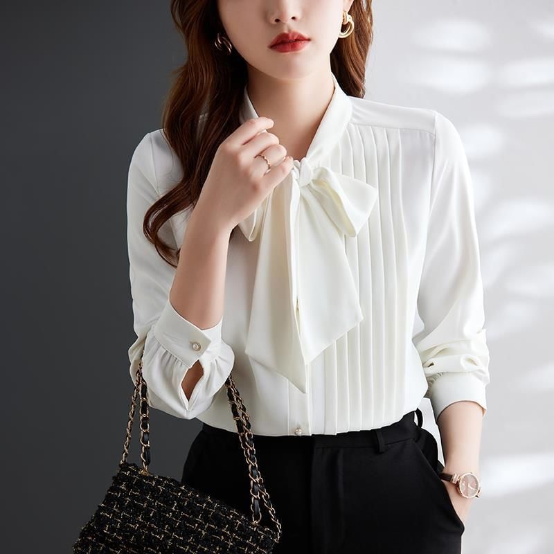 Tie-Neck Pintuck Long-Sleeve Basic Blouse