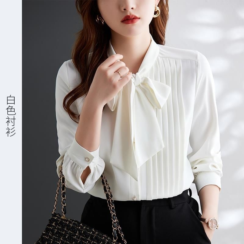 Tie-Neck Pintuck Long-Sleeve Basic Blouse