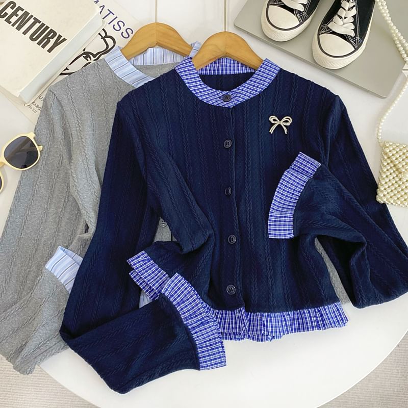 Long Sleeve Mock Two-Piece Plaid Trim Cardigan